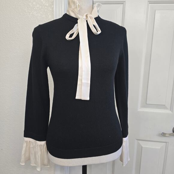 NWT $395 Alice + Olivia Wool Silk Bow Tie Sweater XS Black Ruffle Quiet Luxury - Picture 3 of 9